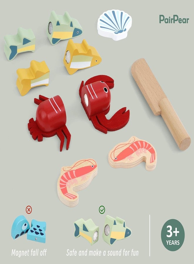 PairPear Wooden Play Food Cutting Seafood Set - Toddlers Wooden Toy Food Pretend Play Kitchen Accessories for 3 Years Old Boys Girls Early Education Toys Gift - Image 5